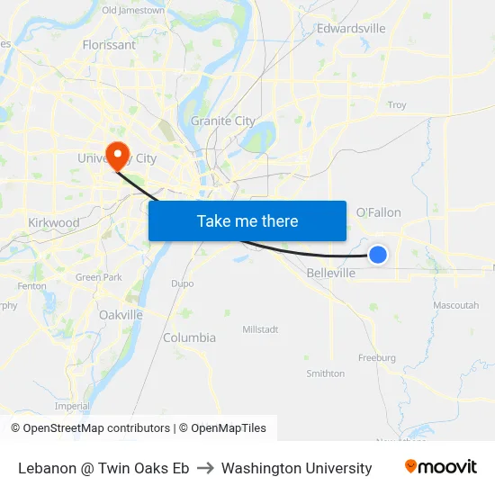 Lebanon @ Twin Oaks Eb to Washington University map