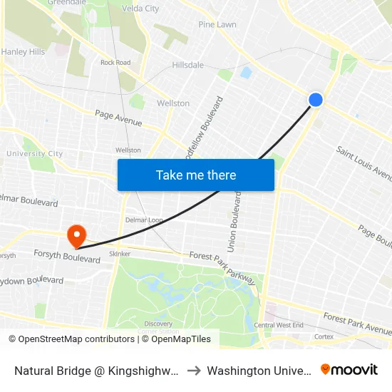Natural Bridge @ Kingshighway Eb to Washington University map