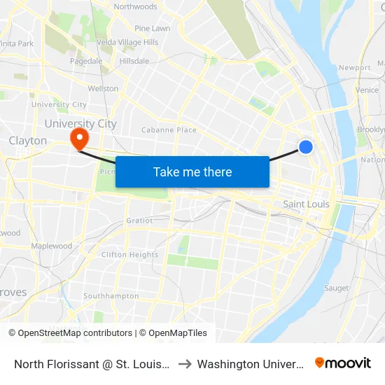 North Florissant @ St. Louis Nb to Washington University map