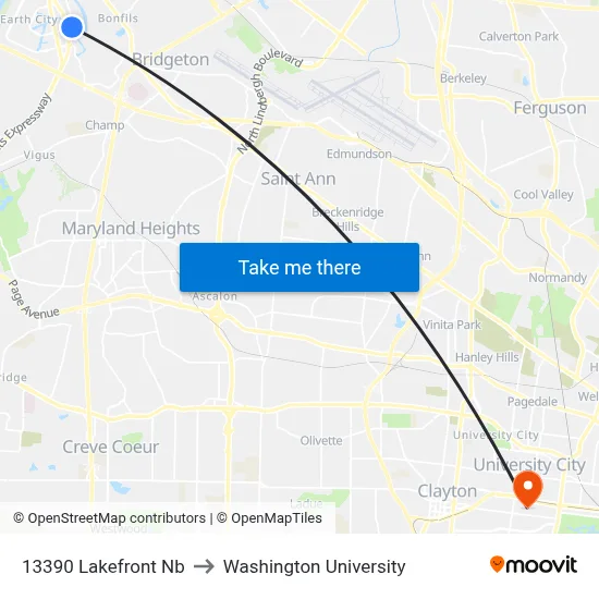 13390 Lakefront Nb to Washington University map