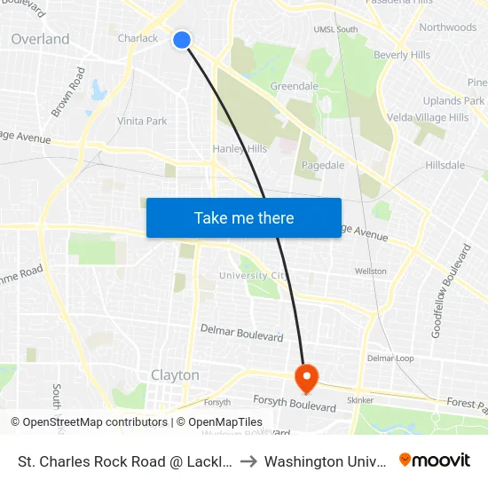 St. Charles Rock Road @ Lackland Eb to Washington University map