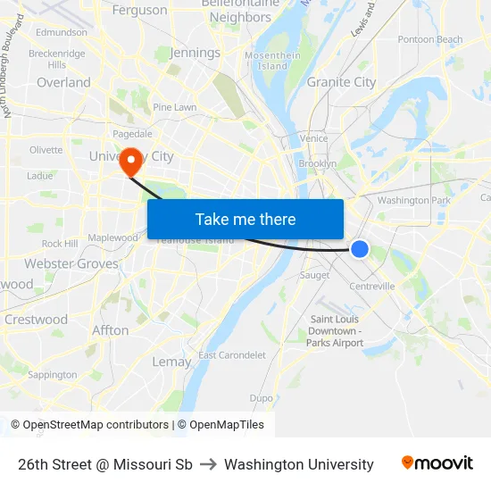 26th Street @ Missouri Sb to Washington University map
