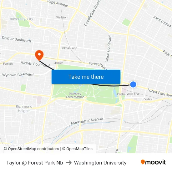 Taylor @ Forest Park Nb to Washington University map