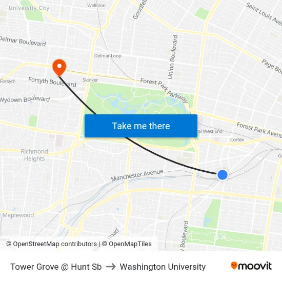 Tower Grove @ Hunt Sb to Washington University map