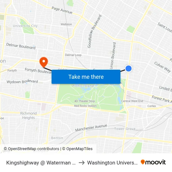 Kingshighway @ Waterman Sb to Washington University map