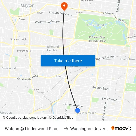 Watson @ Lindenwood Place Sb to Washington University map