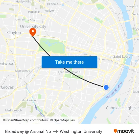 Broadway @ Arsenal Nb to Washington University map