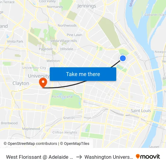 West Florissant @ Adelaide Nb to Washington University map