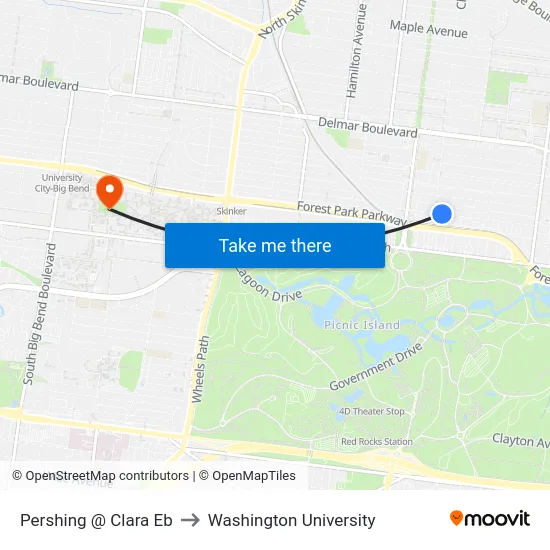 Pershing @ Clara Eb to Washington University map