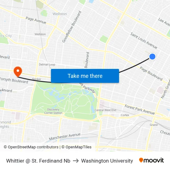 Whittier @ St. Ferdinand Nb to Washington University map