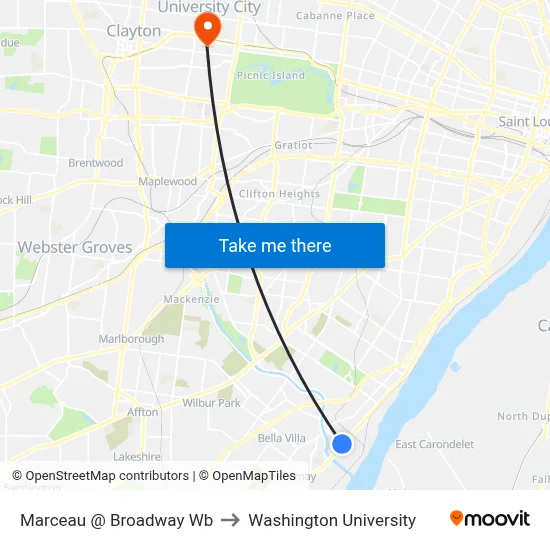 Marceau @ Broadway Wb to Washington University map