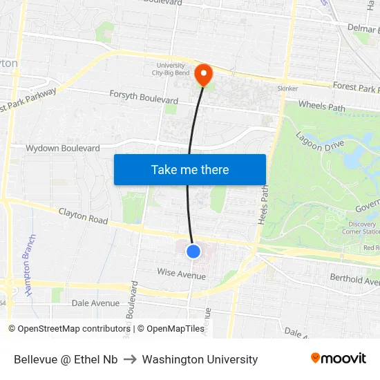 Bellevue @ Ethel Nb to Washington University map