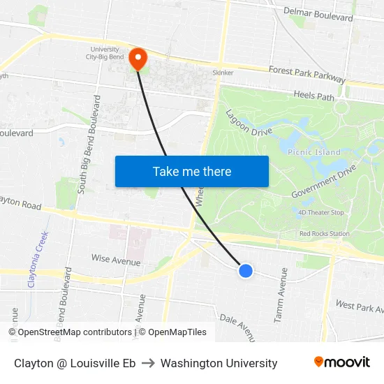 Clayton @ Louisville Eb to Washington University map