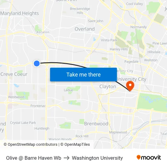 Olive @ Barre Haven Wb to Washington University map