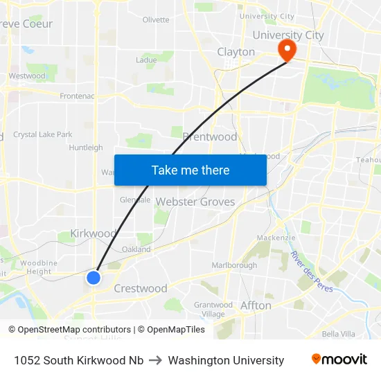 1052 South Kirkwood Nb to Washington University map