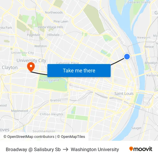 Broadway @ Salisbury Sb to Washington University map