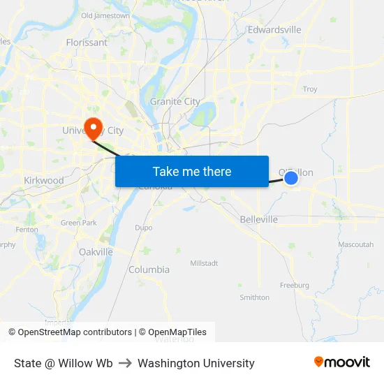 State @ Willow Wb to Washington University map