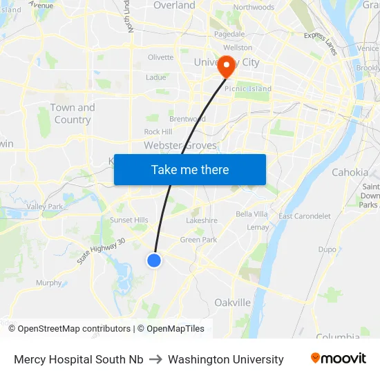 Mercy Hospital South Nb to Washington University map