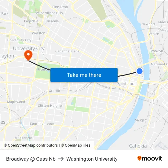Broadway @ Cass Nb to Washington University map