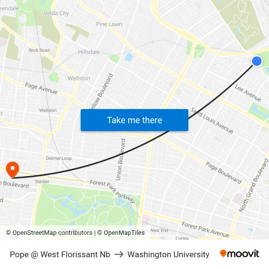 Pope @ West Florissant Nb to Washington University map