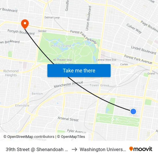 39th Street @ Shenandoah Nb to Washington University map