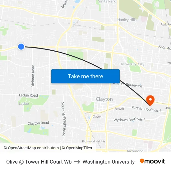 Olive @ Tower Hill Court Wb to Washington University map