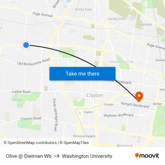 Olive @ Dielman Wb to Washington University map