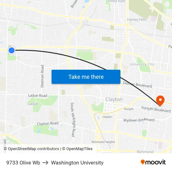 9733 Olive Wb to Washington University map