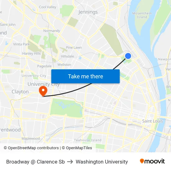 Broadway @ Clarence Sb to Washington University map