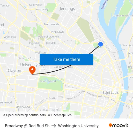 Broadway @ Red Bud Sb to Washington University map