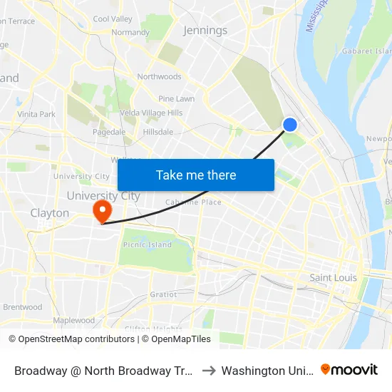 Broadway @ North Broadway Transit Ctr Sb to Washington University map