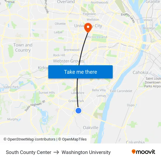 South County Center to Washington University map