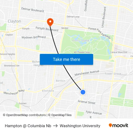Hampton @ Columbia Nb to Washington University map
