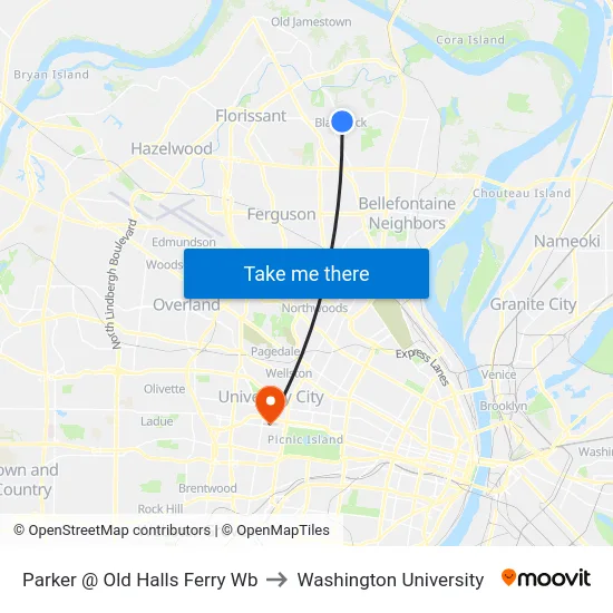 Parker @ Old Halls Ferry Wb to Washington University map
