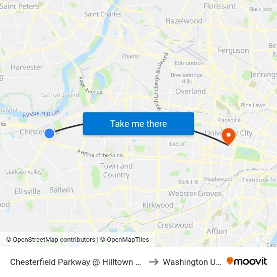 Chesterfield Parkway @ Hilltown Village Center Nb to Washington University map