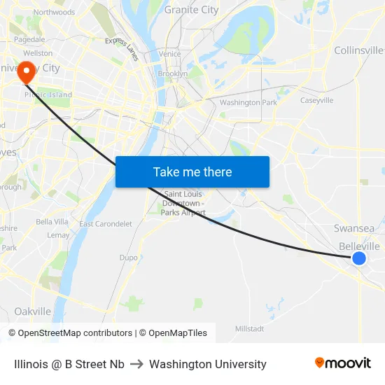 Illinois @ B Street Nb to Washington University map
