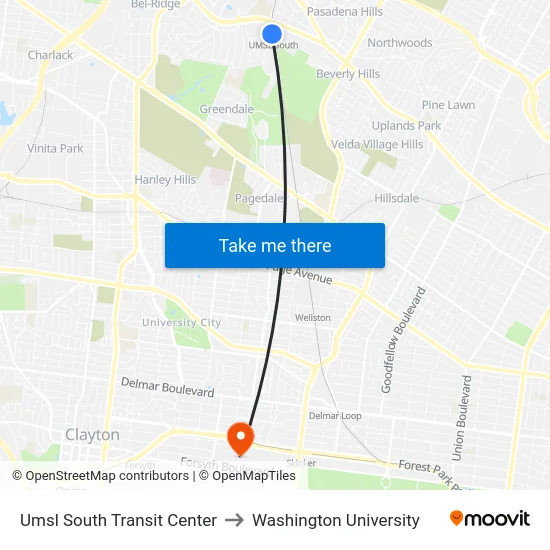 Umsl South Transit Center to Washington University map