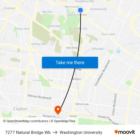 7277 Natural Bridge Wb to Washington University map