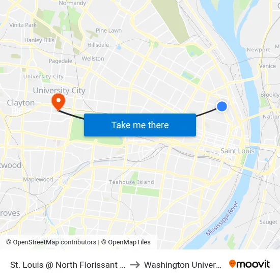 St. Louis @ North Florissant Wb to Washington University map