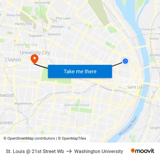 St. Louis @ 21st Street Wb to Washington University map