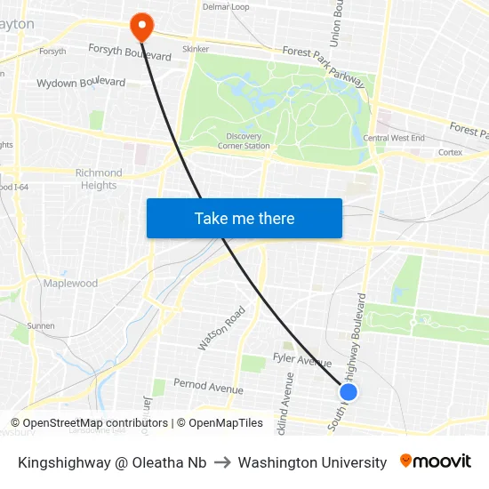 Kingshighway @ Oleatha Nb to Washington University map