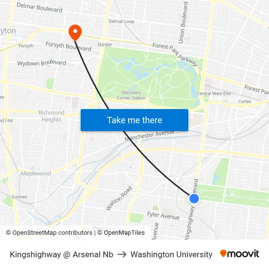 Kingshighway @ Arsenal Nb to Washington University map