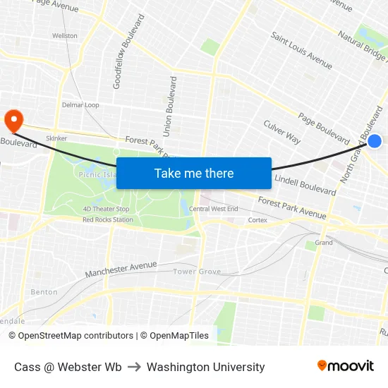 Cass @ Webster Wb to Washington University map