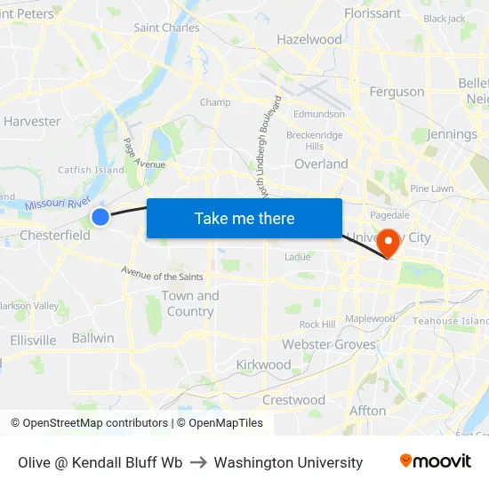 Olive @ Kendall Bluff Wb to Washington University map