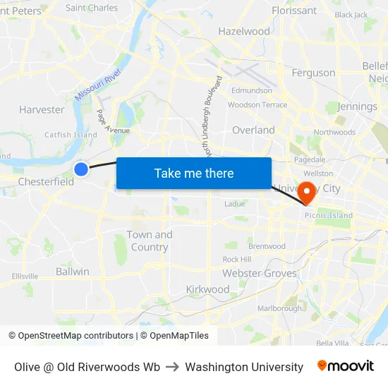 Olive @ Old Riverwoods Wb to Washington University map