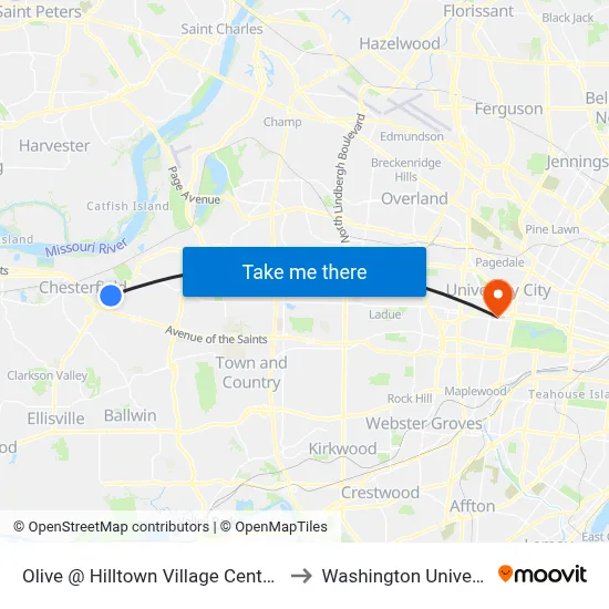 Olive @ Hilltown Village Center Wb to Washington University map