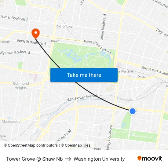 Tower Grove @ Shaw Nb to Washington University map