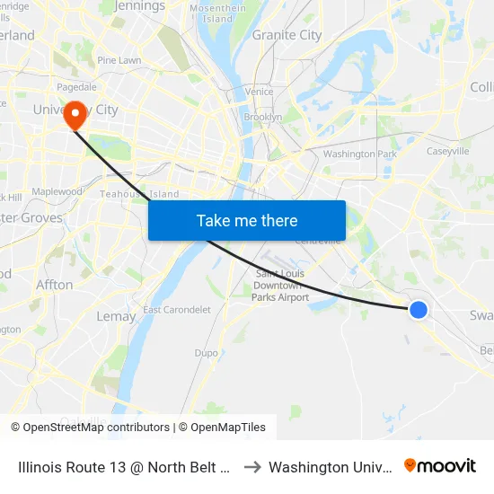 Illinois Route 13 @ North Belt West Eb to Washington University map