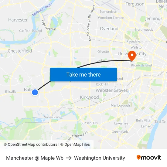 Manchester @ Maple Wb to Washington University map
