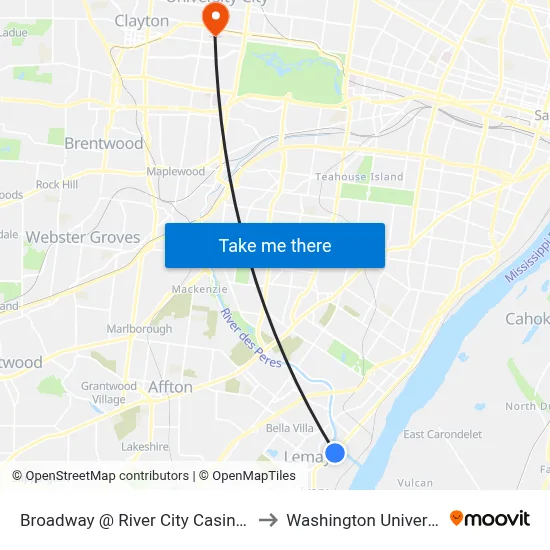 Broadway @ River City Casino Sb to Washington University map